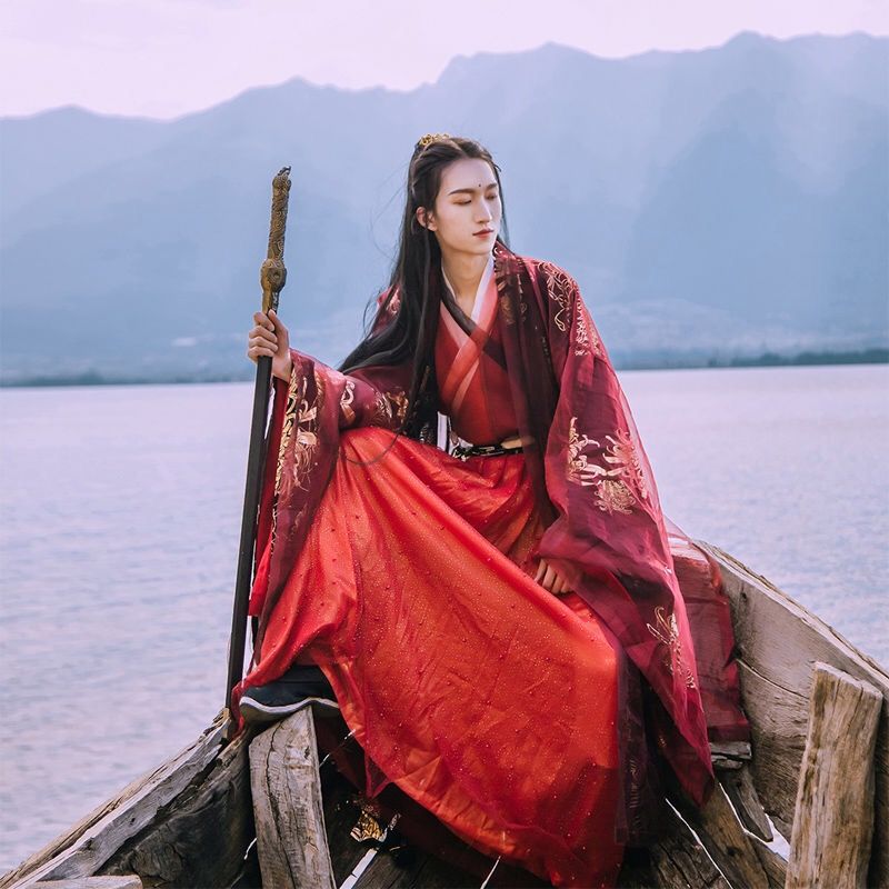 古风红色汉服男飘逸魏晋风烫金古装广袖中国风套装日常高品质夜罗