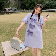 蝴蝶结紫色泡泡袖连衣裙女夏2024新款法式衬衫裙小个子设计感小众