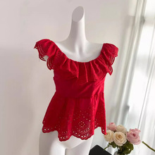 广州十三行 夏季2024新款设计感小众红色短款上衣小飞袖衬衫女装
