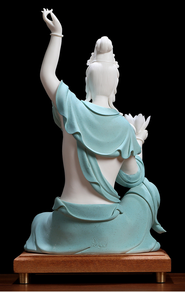 陶瓷莲花自在观音佛像摆件 禅意观世音菩萨像家居玄关供奉工艺品