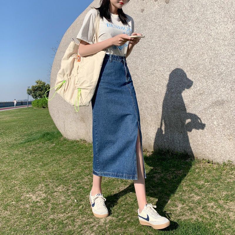 Denim Skirt Half-Length Slit Side Slit Denim Skirt Women's Summer Word Hot Girl Mid-Length Irregular Hip-Wrapped Dress