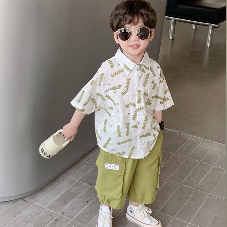 公羽翁男童短袖套装2023夏季新款韩版中小童小清新夏装男童衬衫两