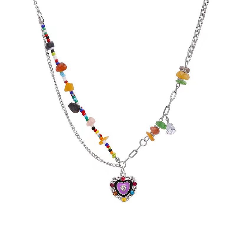 Colored Loving Heart Small Pieces of Silver Beaded Titanium Steel Necklace Female with Hearts Simple Y2g Retro Easy Matching Design Clavicle Chain