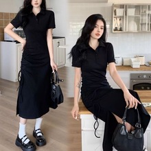 黑色连衣裙子POLO领赫本风法式修身长裙女夏季收腰显瘦休闲小黑朗