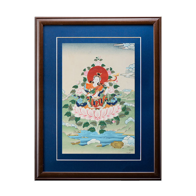 藏村手绘妙音天女佛像唐卡西藏矿物颜料密宗佛母禅意挂画装饰画