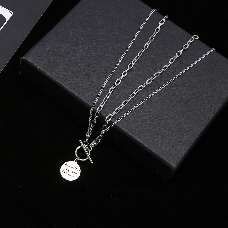 Korean Fashion round Brand Square Plate Carved Pendant Ins Style Titanium Steel Necklace Accessories Trend All-Match Sweater Chain Wholesale