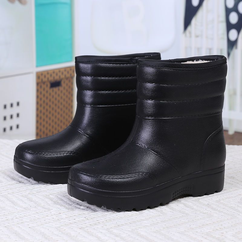 2023 New Men's Cotton Shoes Winter Fleece Lined Padded Warm Keeping Snow Boots Eva Waterproof Non-Slip Thick Bottom Mid-Calf Rain Boots