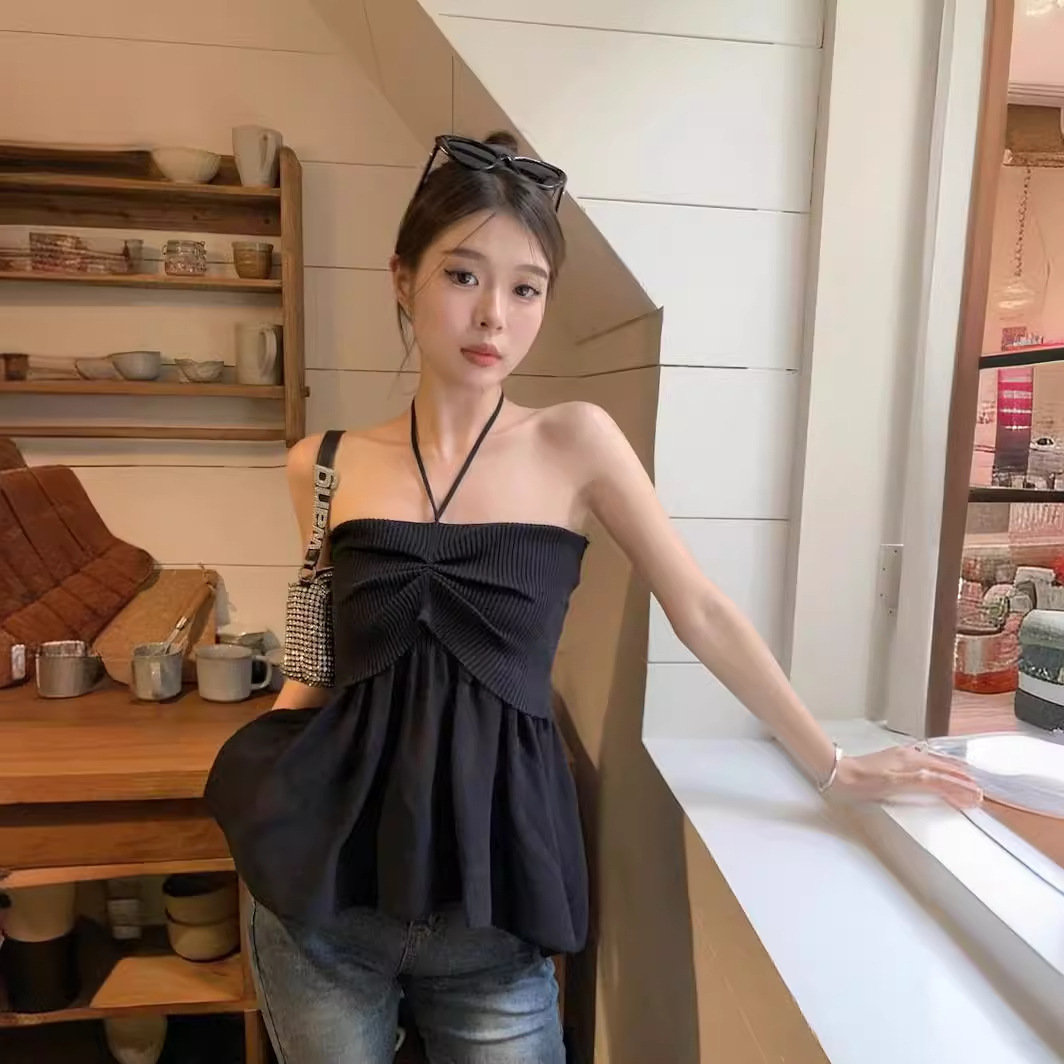 韩版气质抹胸吊带背心夏季2024新款收腰显瘦黑色短款外穿无袖上衣