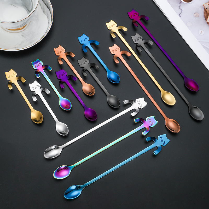 304 Stainless Steel Spoon Mark Cup Spoon Household Ice Cream Spoon Cute Cartoon Kitten Spoon Coffee Mixing Spoon