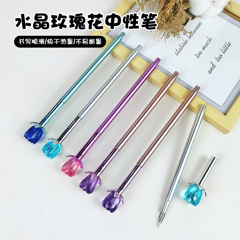 创意实体水晶玫瑰花笔文具学生卡通笔情人节花笔可爱学习礼物奖品