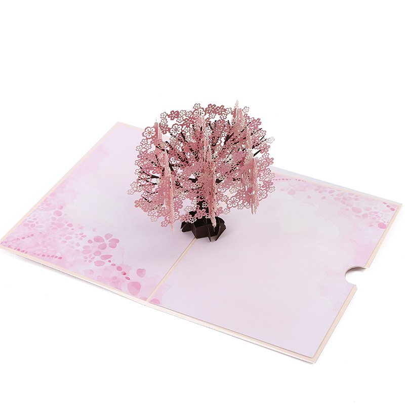 现货批发唯美浪漫樱花树立体贺卡 3d卡纸立体纸雕粉红樱花贺卡