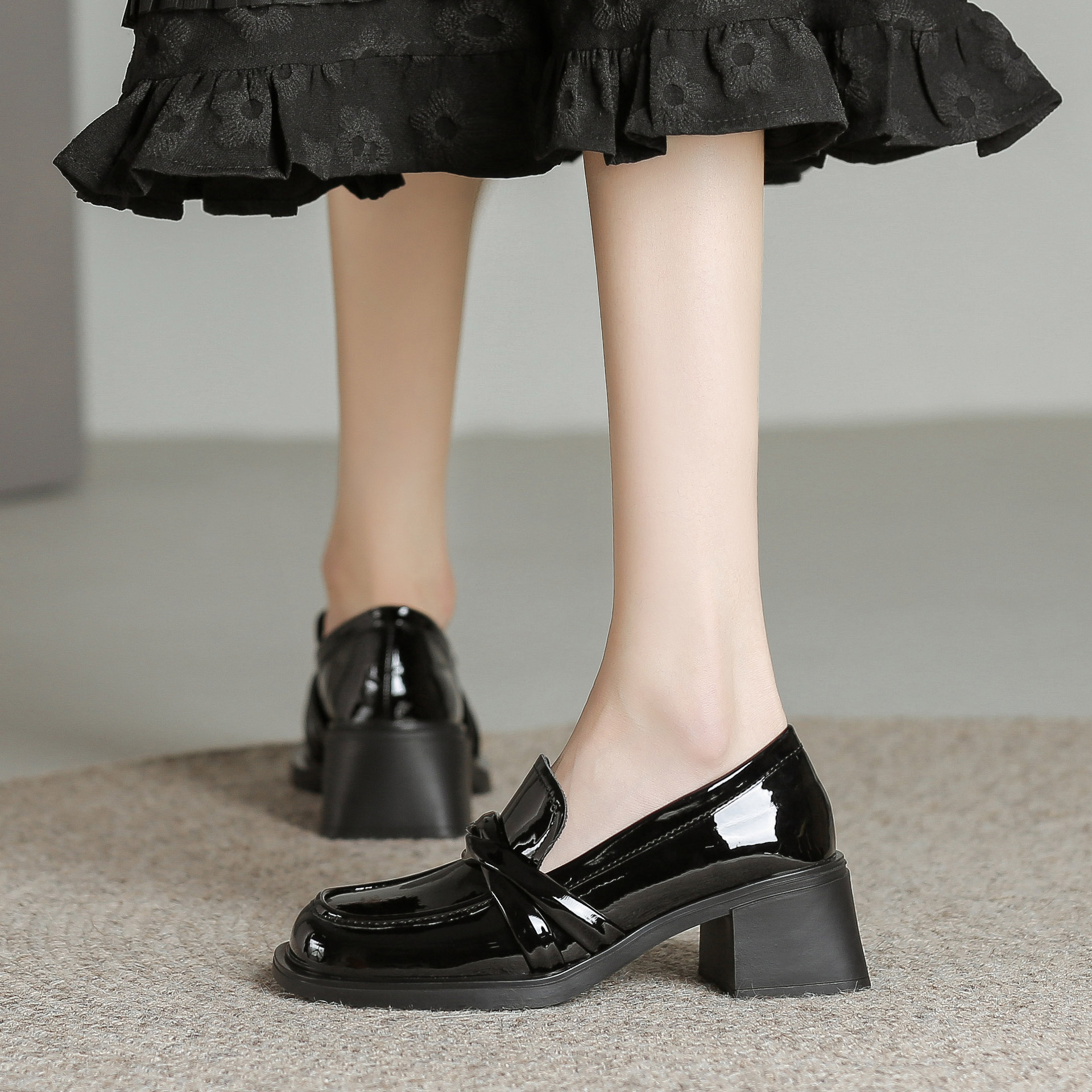 高跟小皮鞋女2023春夏季厚底高跟鞋英伦风单鞋软皮黑色真皮工作鞋