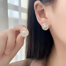 圆形闪钻珍珠皮绳编织耳钉 韩式高级感优雅气质精美女士银针耳饰