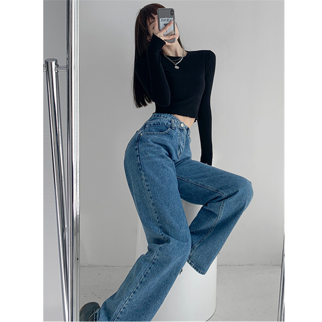   European and American Design Jeans Women's Fashionable Ins Autumn New High Waist oose Straight Slimming Drape Wide eg Mop Pants