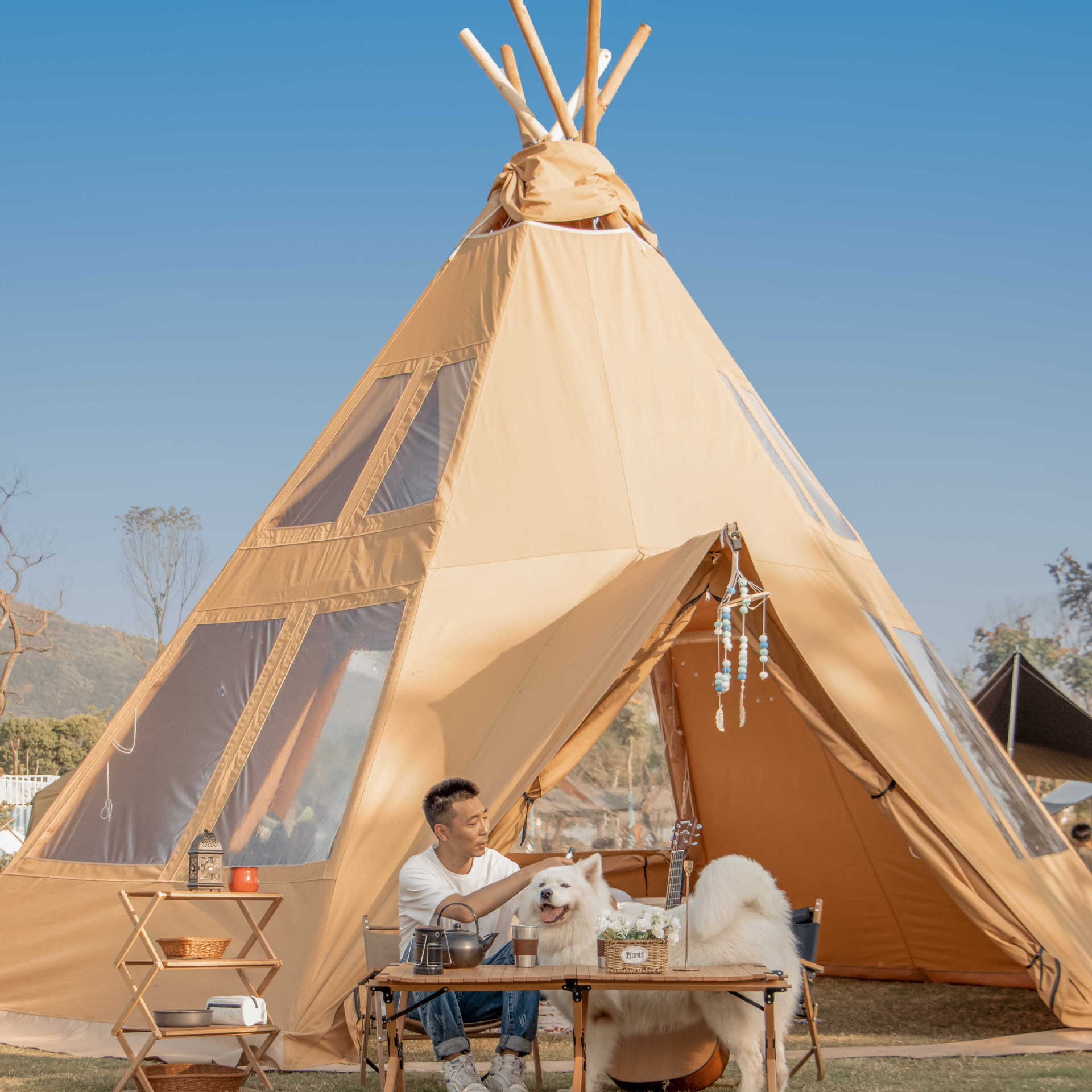 超大空间420克涤棉帆布营地尖顶篷印第安帐篷豪华酒店露营帐篷