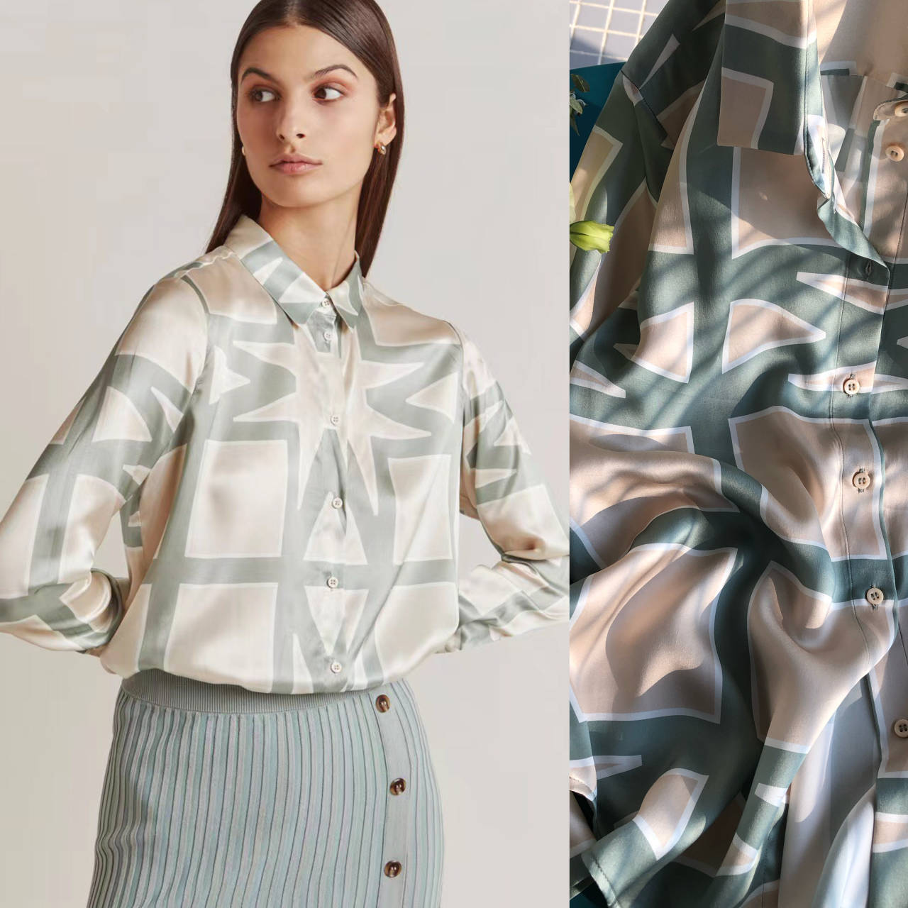 薄荷奶杏瑞典小众设计bm 直线几何印花 定位裁剪砂洗