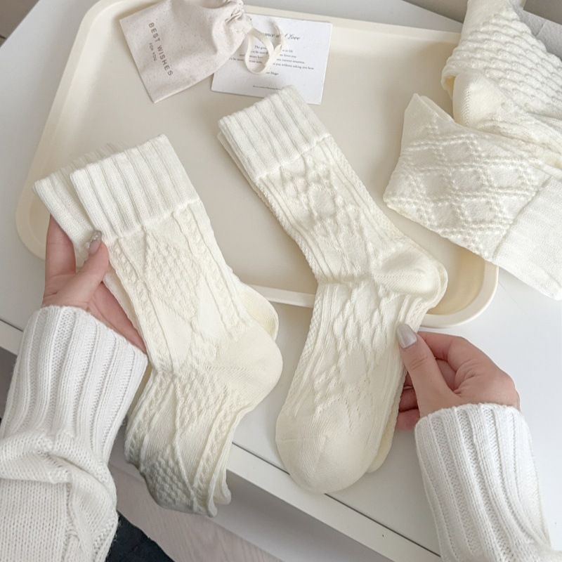 白色袜子女中筒袜春秋季棉质日系可爱纯色花边袜女士春秋款长筒袜
