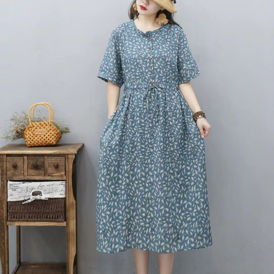 Southeast Asian Style Cotton and Linen Women's Dress Summer New Floral Print Middle-Aged Mom Dress Waist Collection Nostalgic Artistic