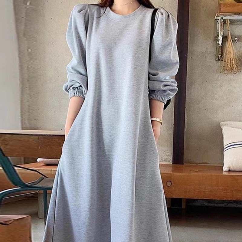 圆领双口袋收腰长款卫衣连衣裙女韩国新款chic春秋简约大摆a字裙