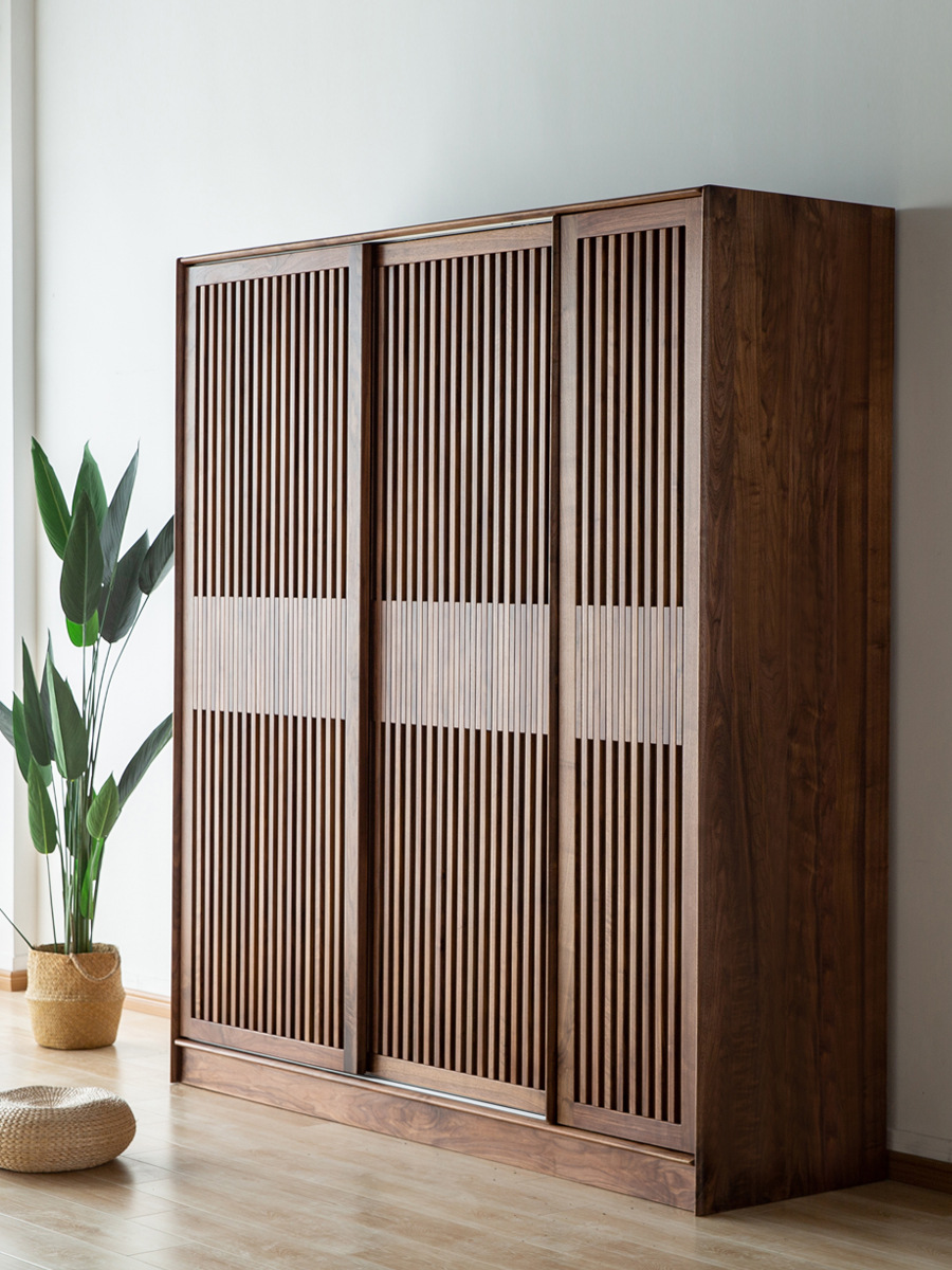 北欧全实木移门衣柜北美黑胡桃木推拉开门大衣橱日式简约收纳柜子