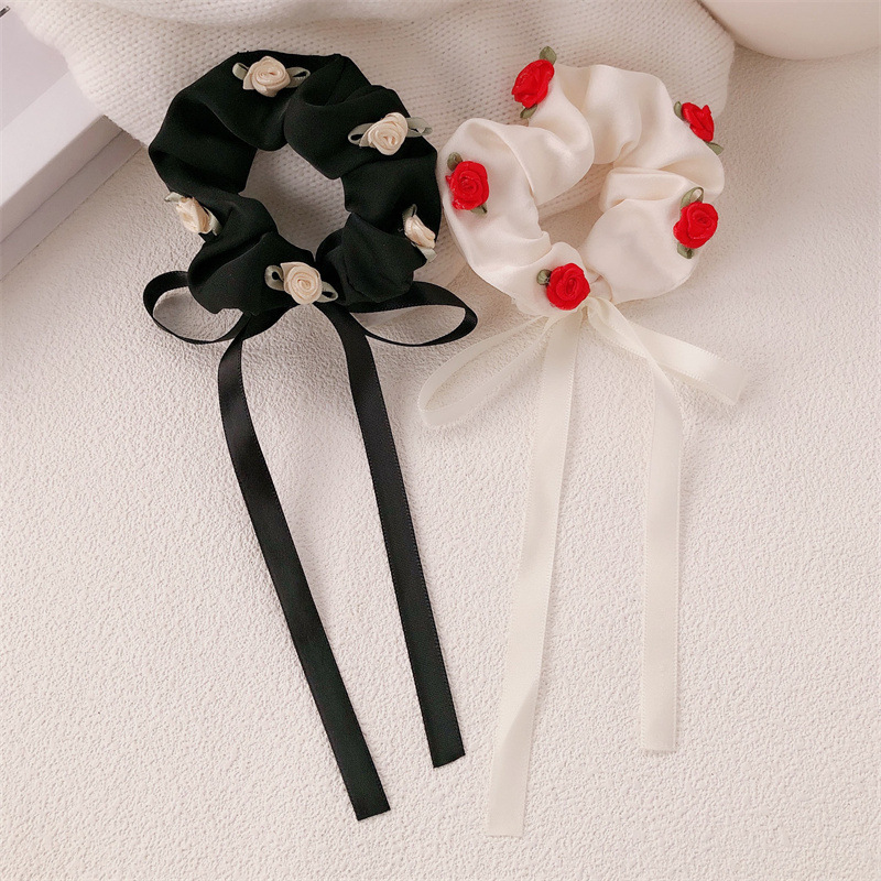 法式浪漫玫瑰花大肠圈飘带蝴蝶结头绳小清新少女花朵发绳皮筋头饰