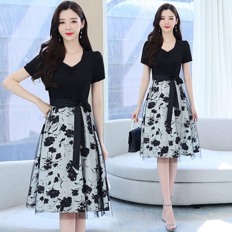 2024夏装新款韩版洋气质假两件短袖减龄收腰显瘦中长款连衣裙女潮