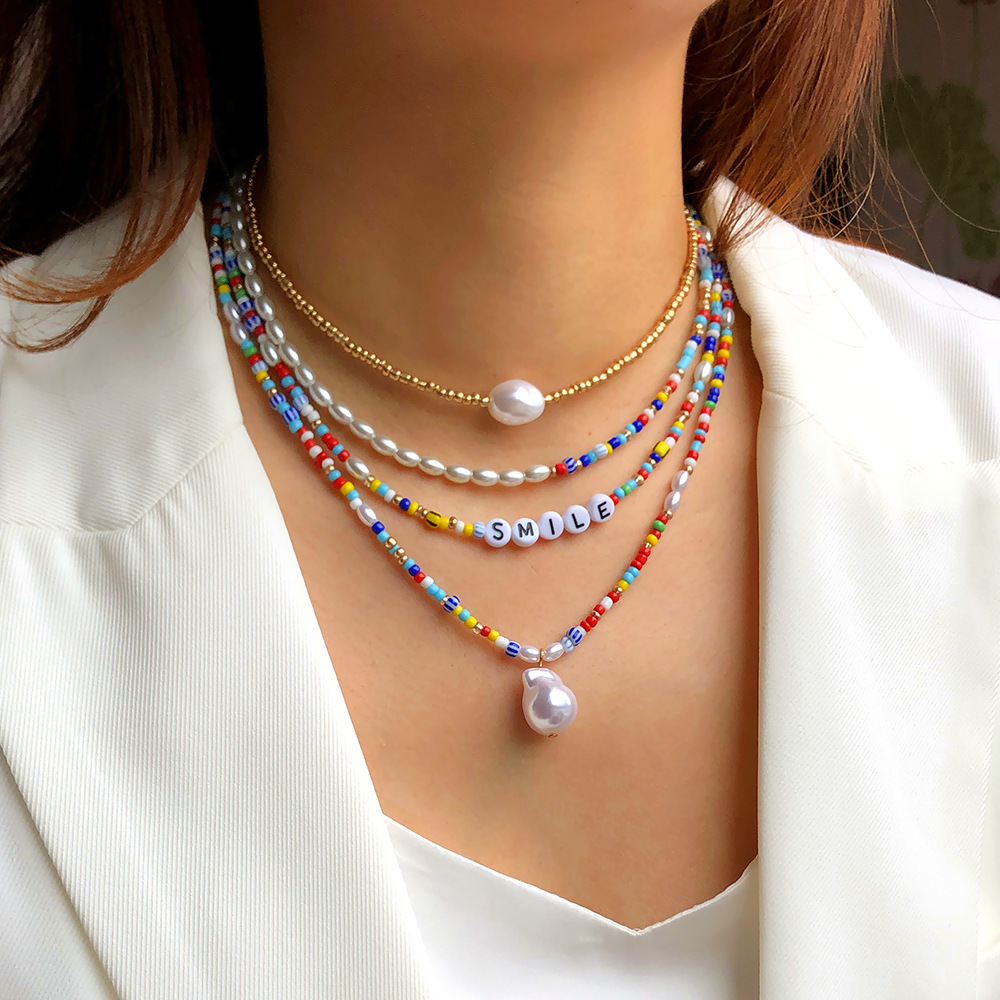 Cross-Border Sold Jewelry European and American Style Shaped Pearl Letter Collarbone Necklace Multi-Layer Combination Twin Color Small Rice-Shaped Beads Necklace for Women