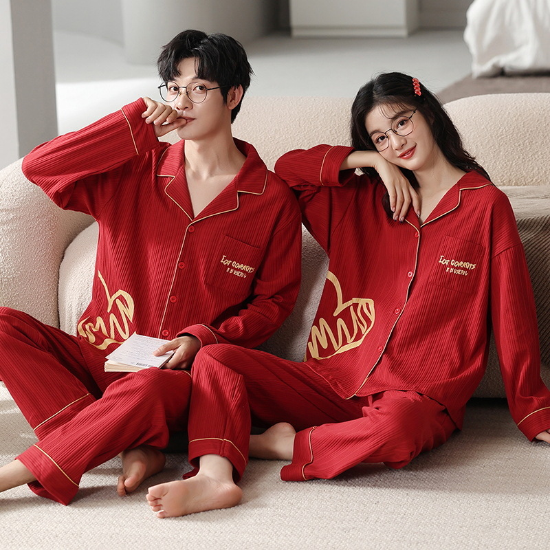 Spring and Autumn Sweet Cotton Couple Pajamas Cardigans for Men and Women Red Festive Wedding Clothes Suit for Men