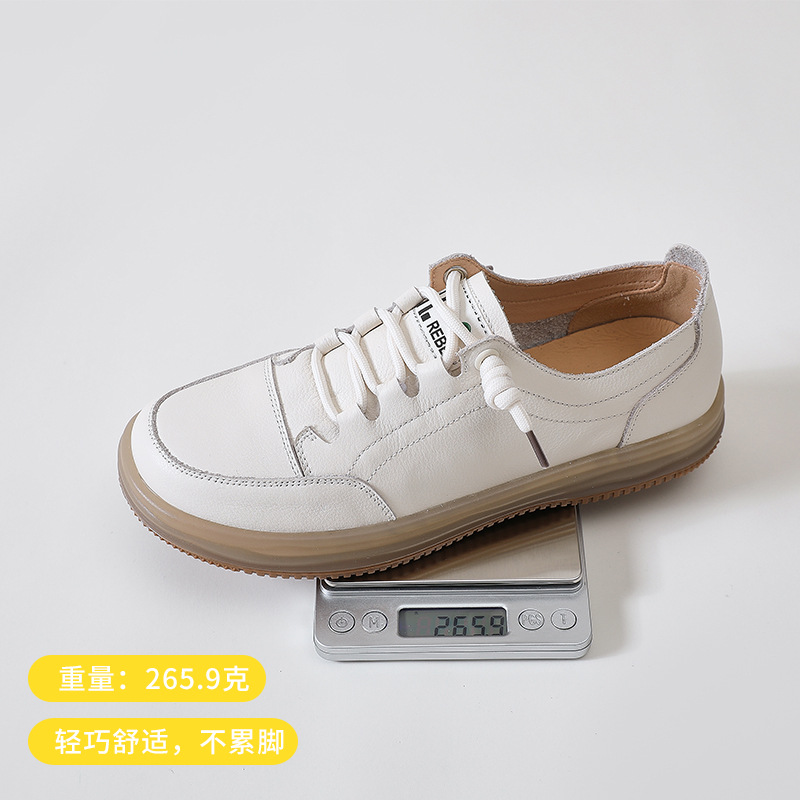 9018-5 Fan Shun Layer Cowhide Soft Bottom Lightweight Not Tired Feet Lace-up Slip-on Flat Casual White Shoes for Women