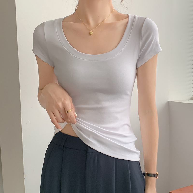 230G Cotton Short-Sleeved T-shirt for Women 2023 Summer New Solid Color round Neck All-Matching Simple Bottoming Shirt Korean Style Women's Clothing