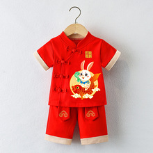 男宝宝婴儿抓周衣服男童0一1周岁宴礼服红色夏款套装唐装汉服兔年