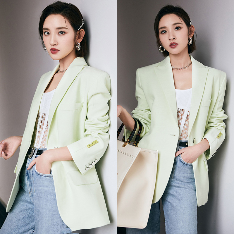 唐艺昕同款豆绿色小清新西装外套女2022春季新款韩版时尚修身上衣