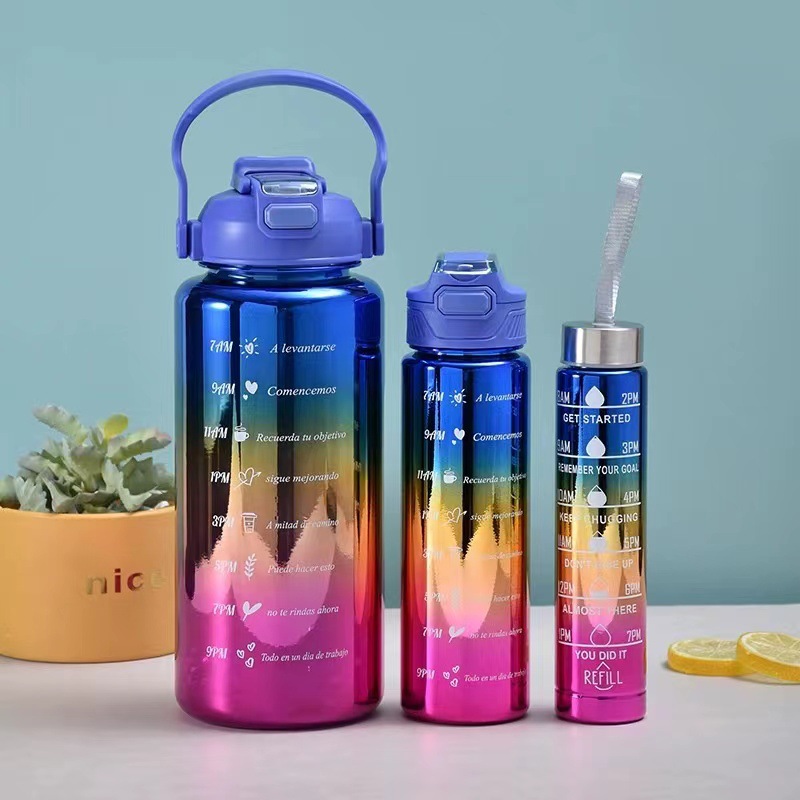 Gradient Drinking Cup Straw Cup with Scale Plastic Cup Electroplating Three-Piece Set Large Capacity Sports Kettle Cup Set Sports Bottle