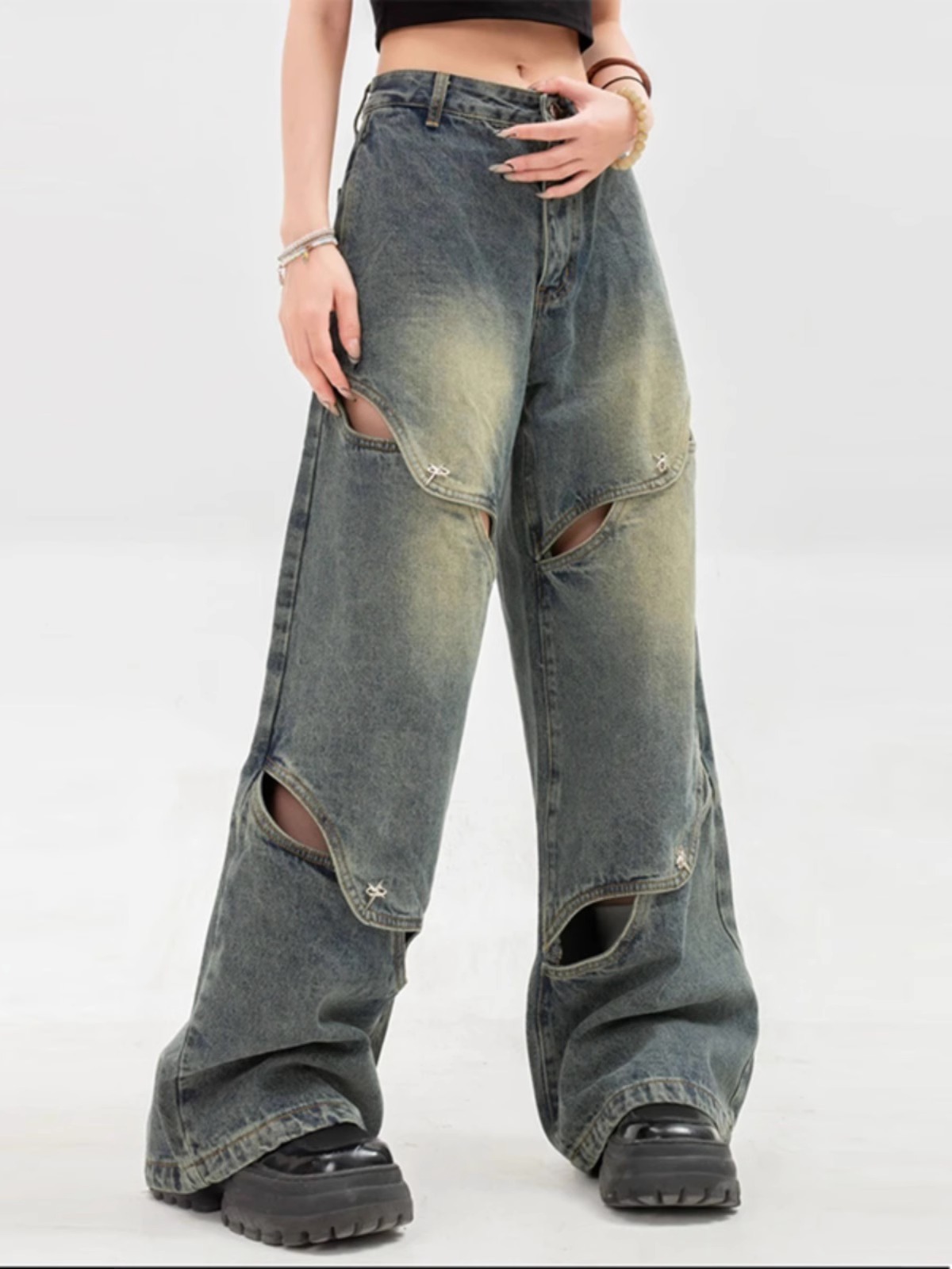 Niche Deconstruction Wide-Leg Jeans Women's American High Street Heavy Hollow Mop Pants Retro Design Long Pants Fashion