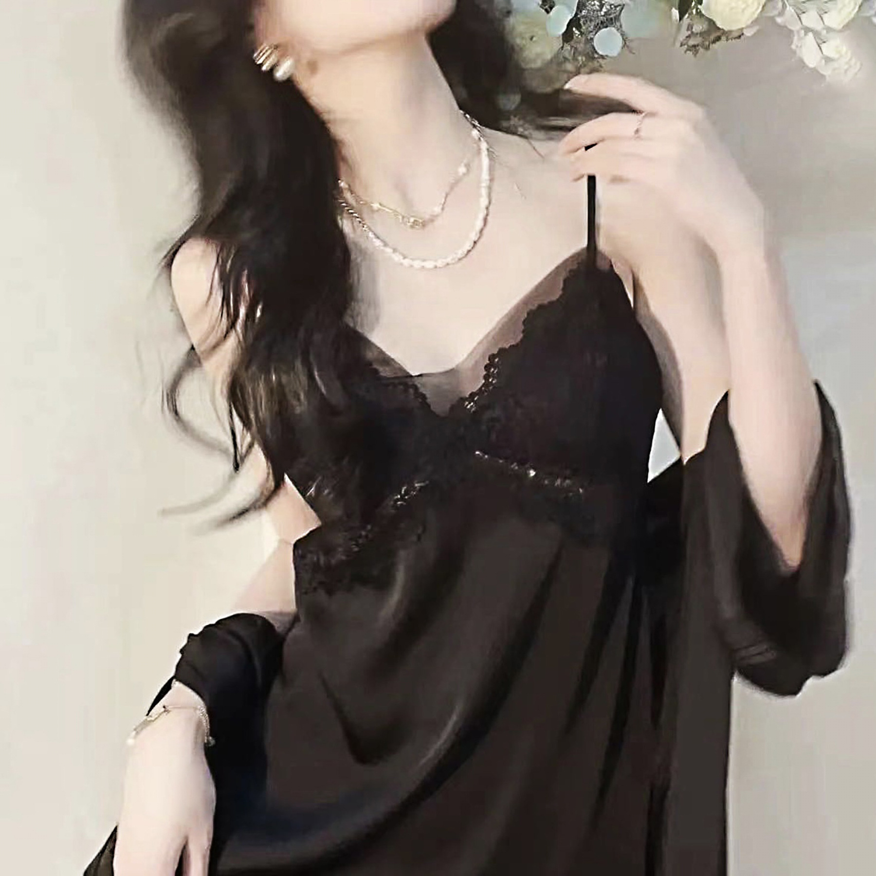 [Swaying] Spring and Summer New Nightdress Lace Mesh Ice Silk Sling Beauty Back Pure Desire Wind Belt Chest Pad Sexy Pajamas