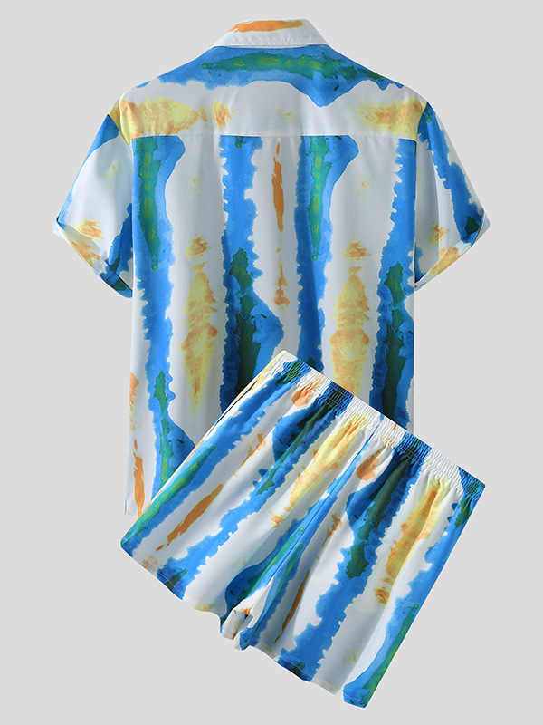 欧美外贸 lazada男士休闲沙滩装条纹印花短袖套装 男夏天两件套装