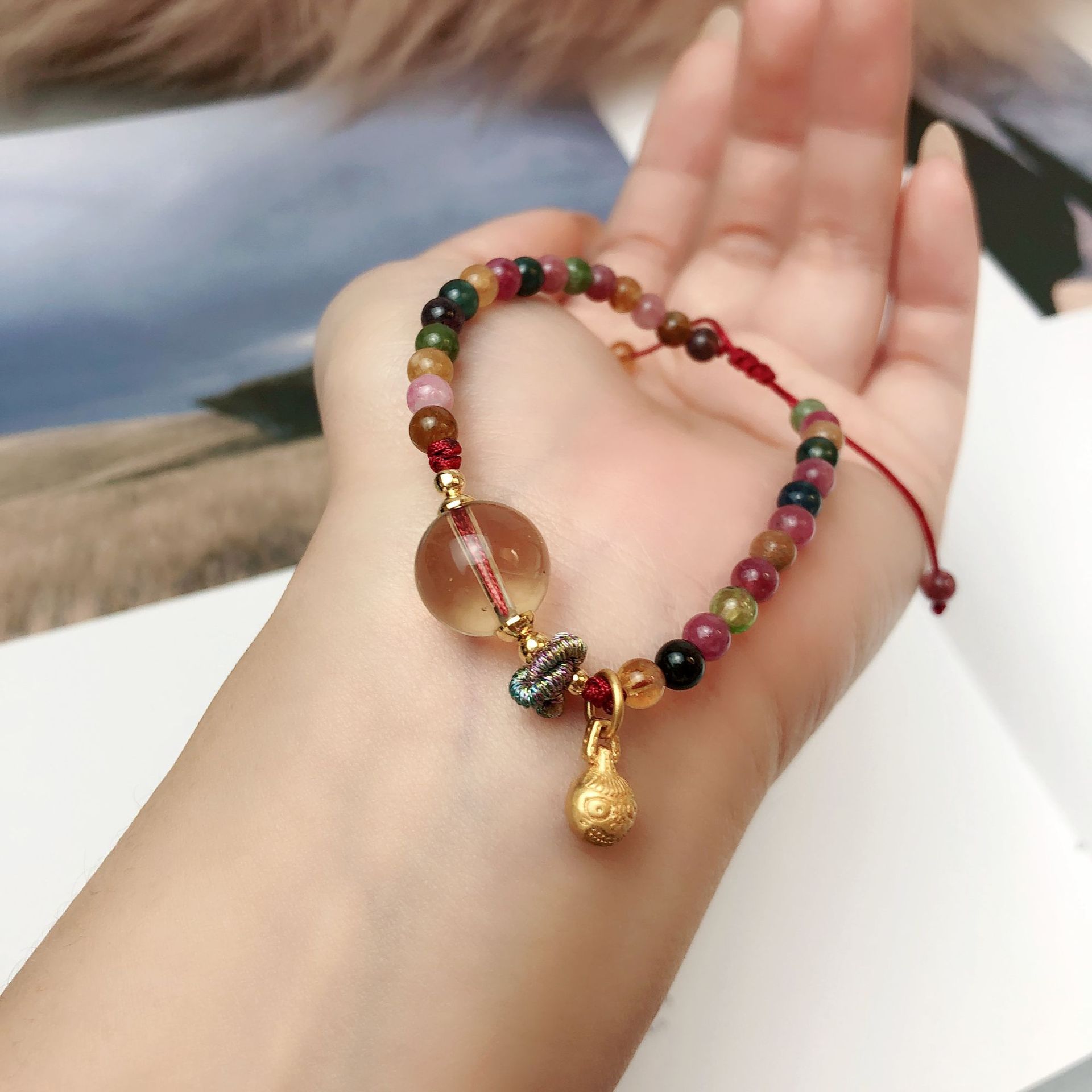 碧玺黄水晶手链三圈手编绳吞金兽奥地利水晶手串手工饰品串珠礼品