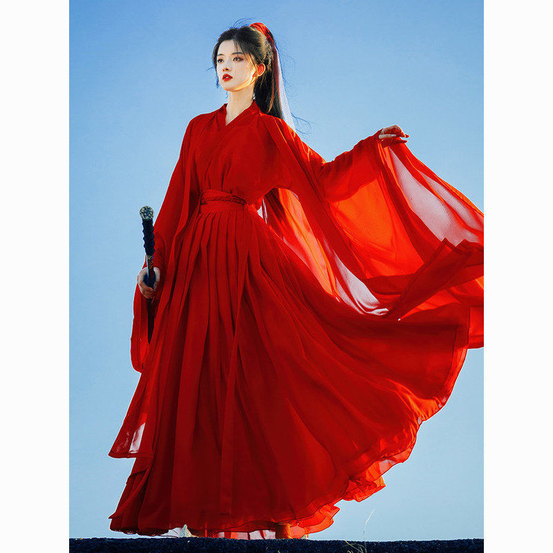 红袍古装汉服女红色武侠古装仙气古风广袖流仙裙交领超仙霸气酷-阿里