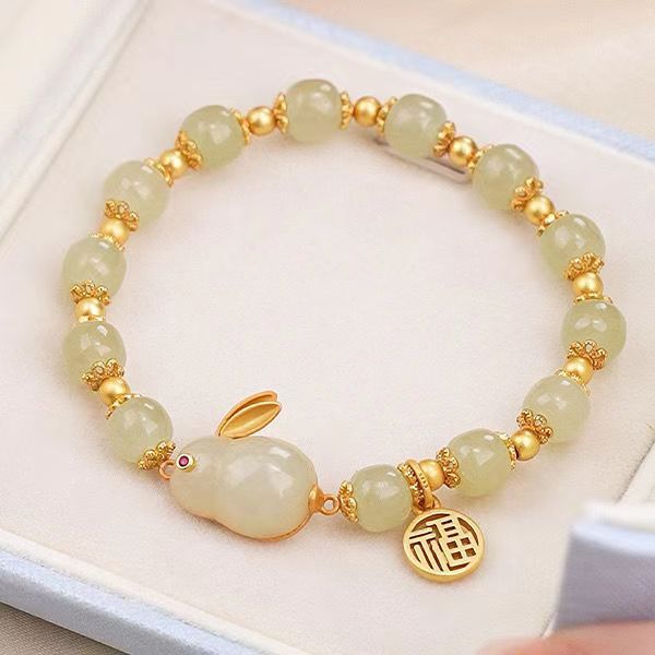 New 18K Jade Hare Bracelet Female Red Agate Beads Subnet Red Jequirity Bean Bracelet Hetian Jade Present to Girl