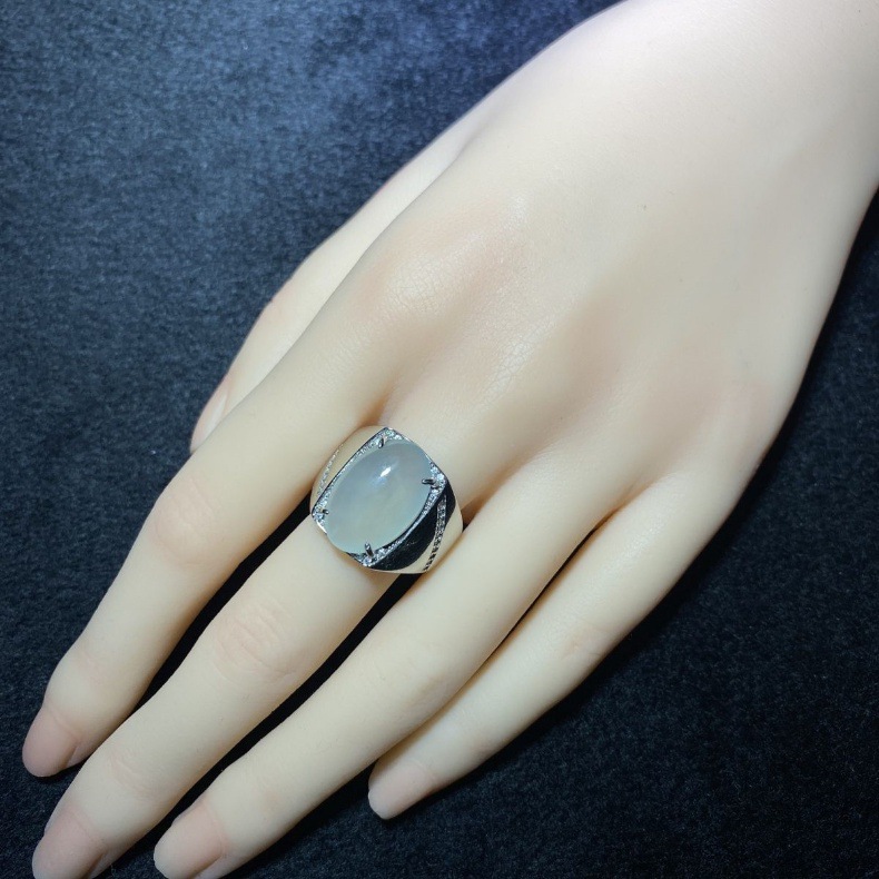 正品缅甸翡翠蛋面天然a货老坑冰种镶嵌男款戒指-阿里巴巴