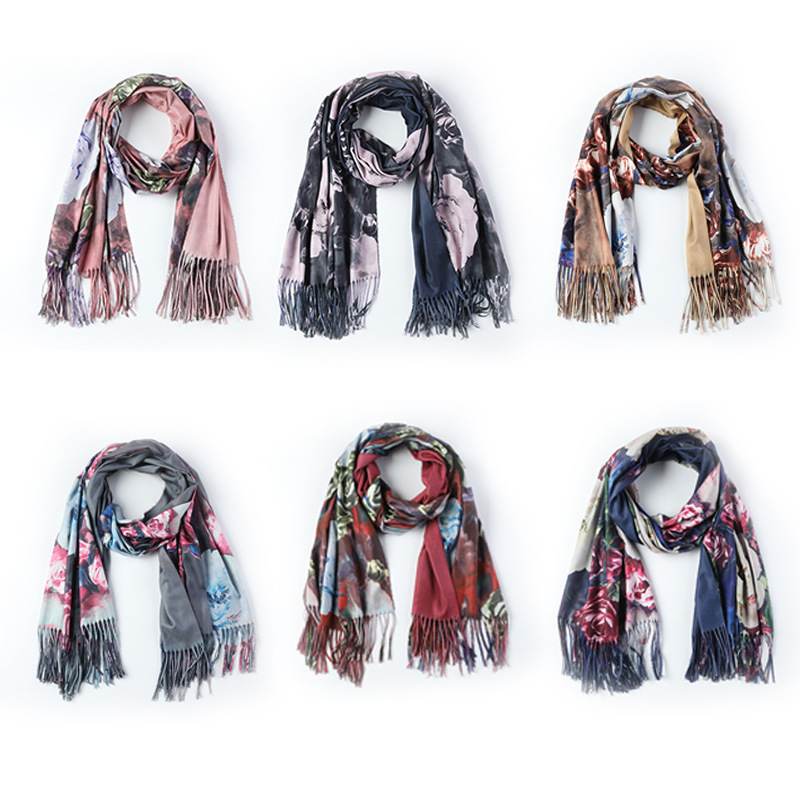 New Autumn and Winter Cashmere-like Digital Printing Scarf Oil Painting Rose Flower Style Scarf Cross-Border Shawl Wholesale