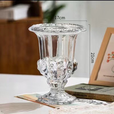 French Transparent Embossed High-Leg Glass Vase Countertop Flower Arrangement Water-Keeping Living Room Dining Table Wedding Decorative Flowerpot Decoration