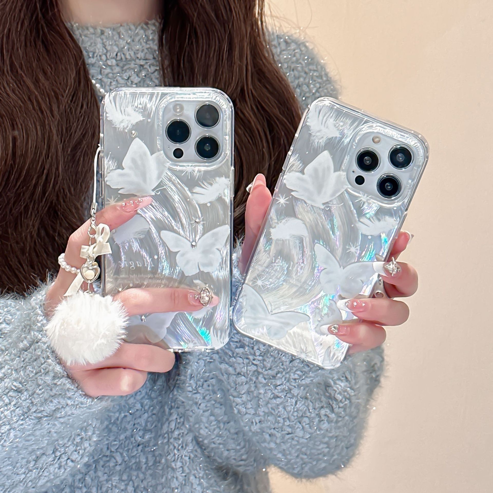 ins羽纱晕染羽毛蝴蝶适用15/14promax手机壳苹果13防摔12双层11女