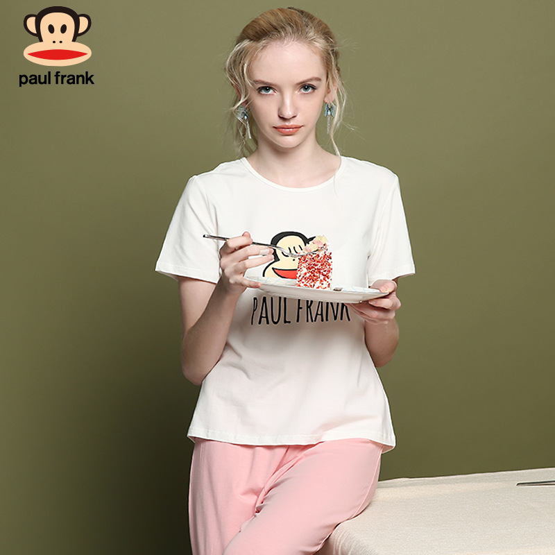 paul frank/大嘴猴棉质薄款睡衣女春夏2件套印花家居短袖长裤套装