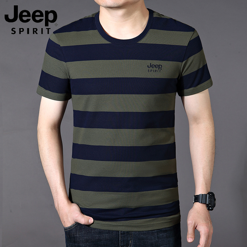jeep spirit圆领短袖t恤男士条纹休闲纯棉大码男装209-阿里巴巴