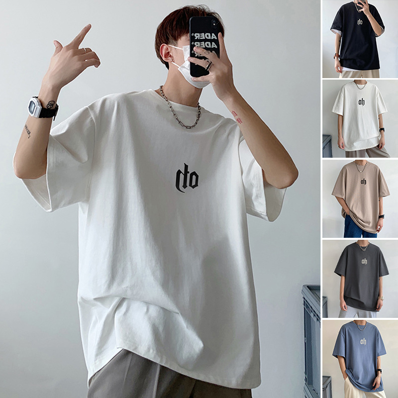 Short-Sleeved T-shirt Men's Hong Kong Style Trendy Brand Summer New Ins Loose Boys Heavy Cotton Drop Shoulder Half-Sleeve T-shirt Top