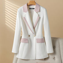 拼色西装外套女秋季新款减龄西服中长款白色修身双排扣小西装个性