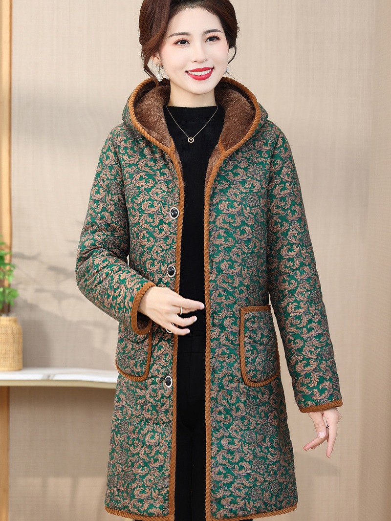 中老年人女装秋冬新款加厚棉衣妈妈装中长款连帽加绒棉服外套棉袄