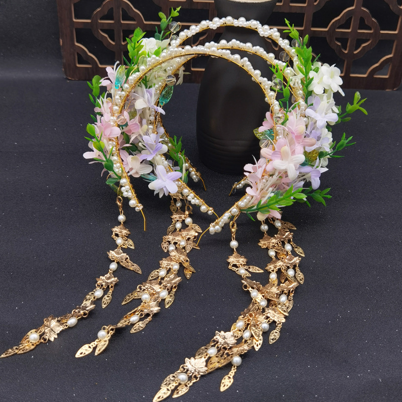 古风花朵发箍仙女森系发饰古装配饰汉服宫廷婚纱花环复古流苏发饰