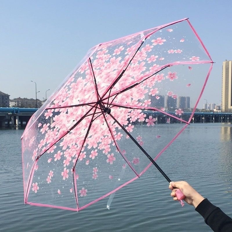 高颜值透明粉色浪漫樱花晴雨伞学生便携折叠简约手动款长柄三折伞